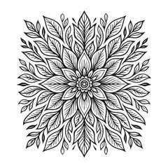 Black and White Leaves Mandala Intricate Floral Design with Delicate Petals and Botanical Elements
