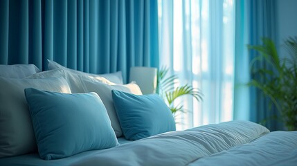 Close-up view of a serene and calming bedroom interior with soft neutral tones