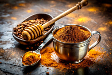Rich Coffee Powder with Honey and Beans, Rustic Morning Blend Still Life. AI Generative