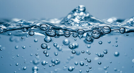 A close up shot of water with bubbles floating near the surface of the liquid substance shown well