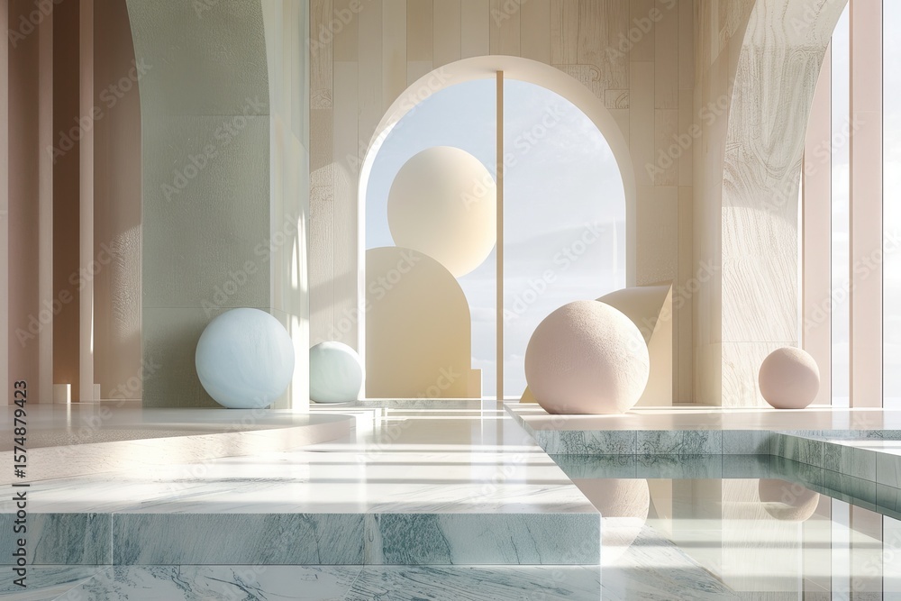 Poster minimalistic room with large colorful spheres and arched windows reflecting on a glossy floor