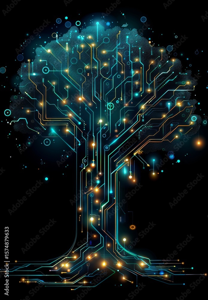 Poster illustration of a futuristic tree blending nature with technology in a circuit board style