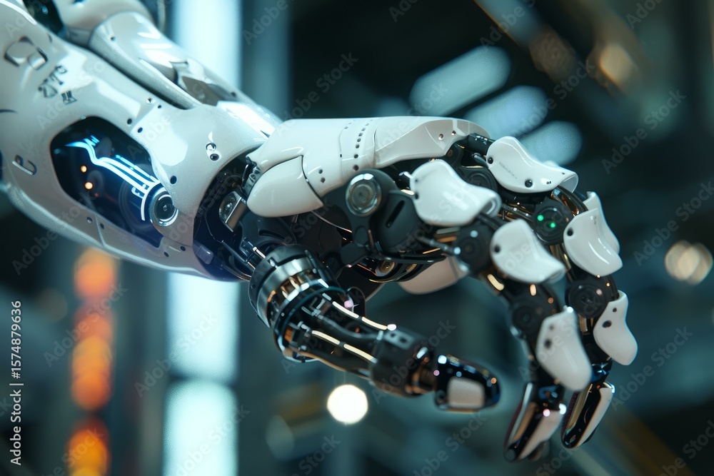 Poster robotic arm demonstrating advanced dexterity and precision in a technologically advanced environment