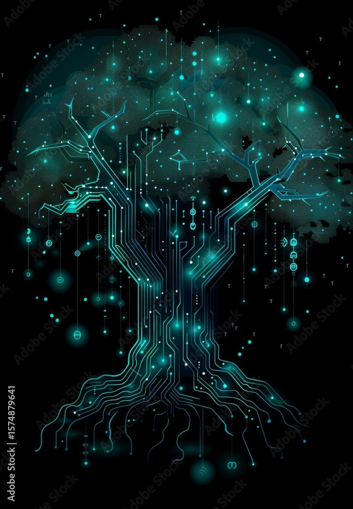 Poster artificial intelligence concept graphically illustrated as a tree with circuit board interface on bl