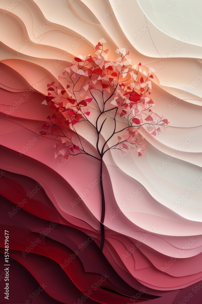 Poster elegant abstract background with a minimalist tree and layered waves design