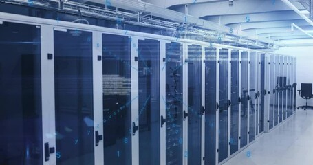 Blue code floating over white server cabinets, camera panning racks revealing data processing - Powered by Adobe