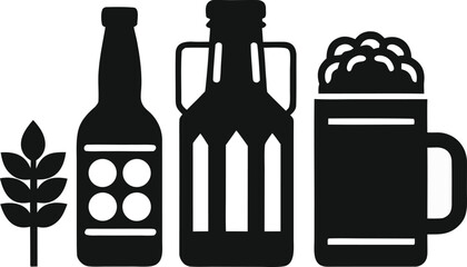 Beer Brewery Icon Set Bottles Mug and Wheat