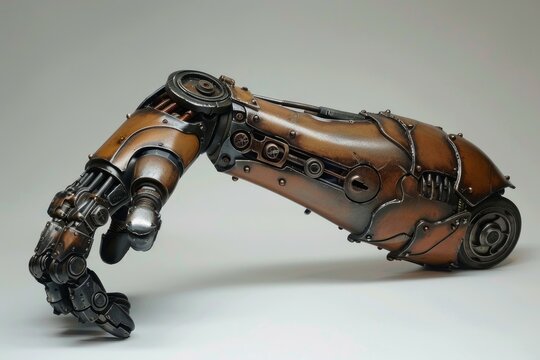 Mechanical steampunk robot arm showing hand and forearm on plain background