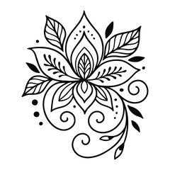 Elegant Black and White Floral Design with Swirls and Leaf Accents Illustration