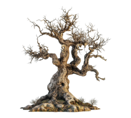 A large tree with no leaves is standing in a field