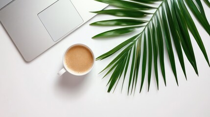 Coffee, laptop, palm leaf, white desk, remote work