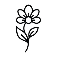 Simple Black and White Flower Outline Illustration with Two Leaves and Stem Design
