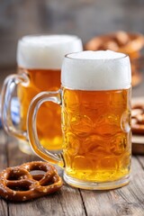 Refreshing golden beer served in traditional glass mugs alongside crispy pretzels on rustic wooden table, capturing the festive spirit of celebration and camaraderie