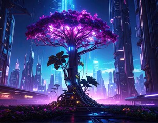 una planta con flores cuidada por IA con sistemas tecnologicos futuristas orgánicos