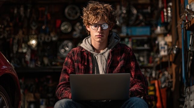 Young man using laptop in cluttered workshop - Powered by Adobe