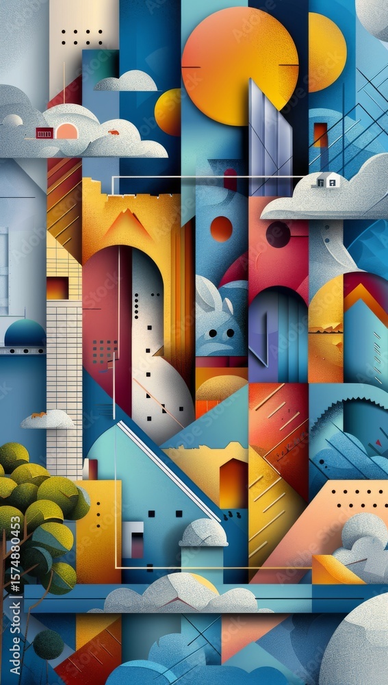 Poster abstract modern art with vibrant colorful geometric patterns and shapes