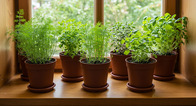 Seven potted herbs displayed on a wooden windowsill near a window with a blurred background outside