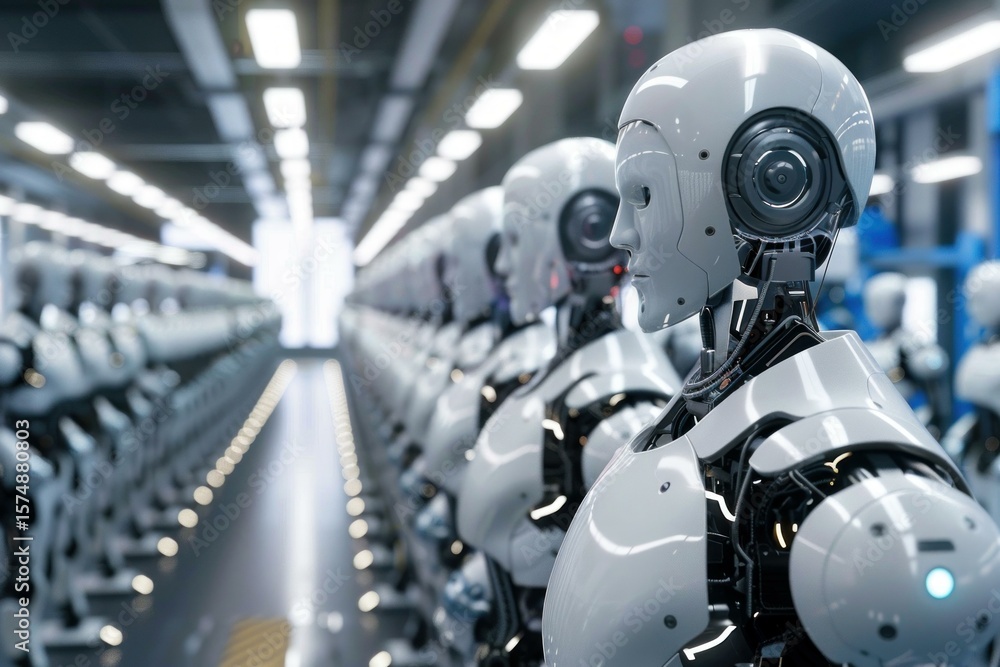 Poster many humanoid robots standing in a row in a factory are waiting for deployment