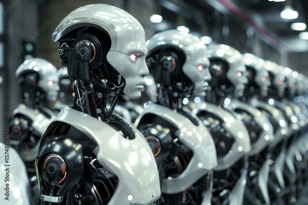 Poster group of humanoid robots standing in a line inside a factory, showcasing advanced robotic engineerin