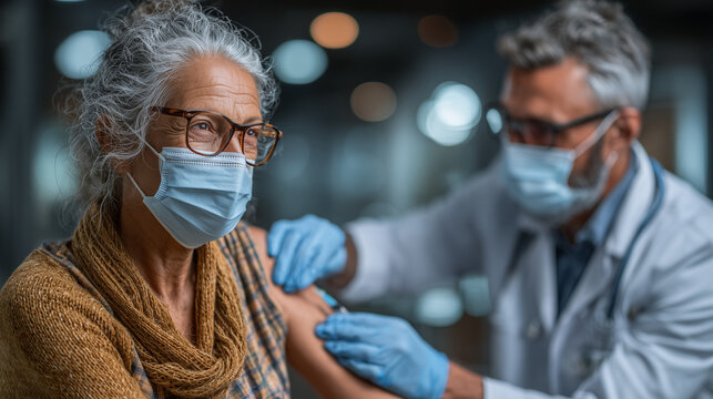 Doctor Administering a Vaccine Injection to an Elderly Woman, Representing Immunization, Healthcare, Senior Care, Preventive Medicine, and Disease Prevention - Powered by Adobe