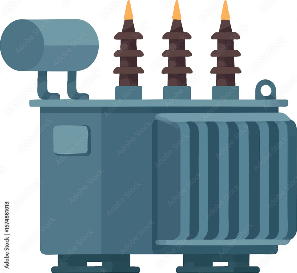 Poster flat vector high-voltage power transformer with cooling radiators and hv terminals, isolated on whit