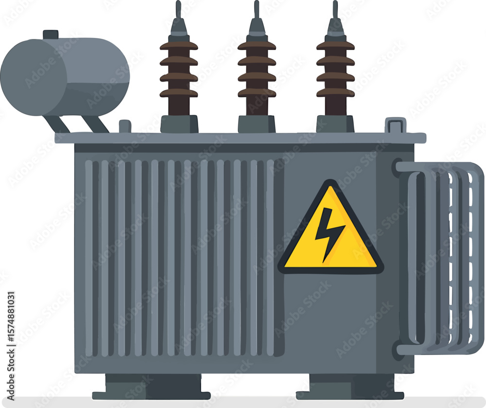 Poster flat vector high-voltage power transformer with cooling radiators and hv terminals, isolated on whit