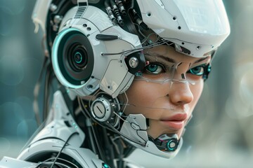 Portrait of a futuristic cyborg woman wearing an advanced technological helmet, showcasing the integration of humans and technology