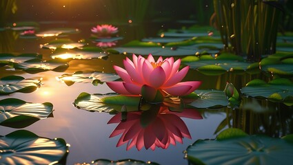 Beautiful Pink Lotus Flower in a Serene Pond at Sunrise