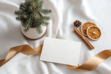 A cozy flat lay featuring a small pine tree, decorative items, and a blank card on a soft fabric backdrop with a gold ribbon.
