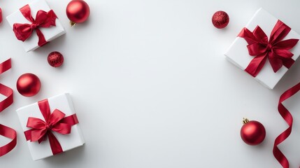 Elegant holiday gifts with red ribbons and ornaments arranged on a white background, creating a festive atmosphere.