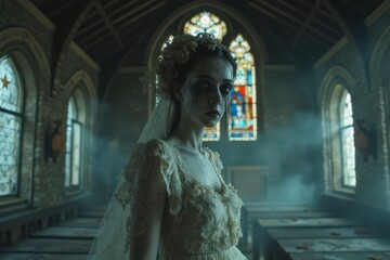 A haunting bride stands in a dimly lit, abandoned church, surrounded by mist and stained glass, evoking a ghostly and eerie atmosphere.