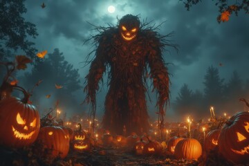 A menacing figure made of branches looms over a field of glowing jack-o'-lanterns under a full moon, creating a haunting Halloween atmosphere.