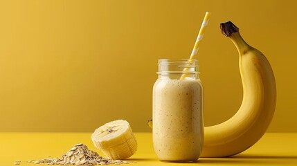 Fresh and Vibrant Banana Smoothie: A Delicious and Healthy Treat with Oats and a Cheerful Yellow Striped Straw on Yellow background