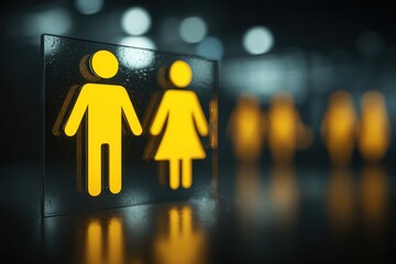 A close-up view of a modern and sleek restroom sign, featuring male and female symbols in bright yellow, indicating the location of the facilities.