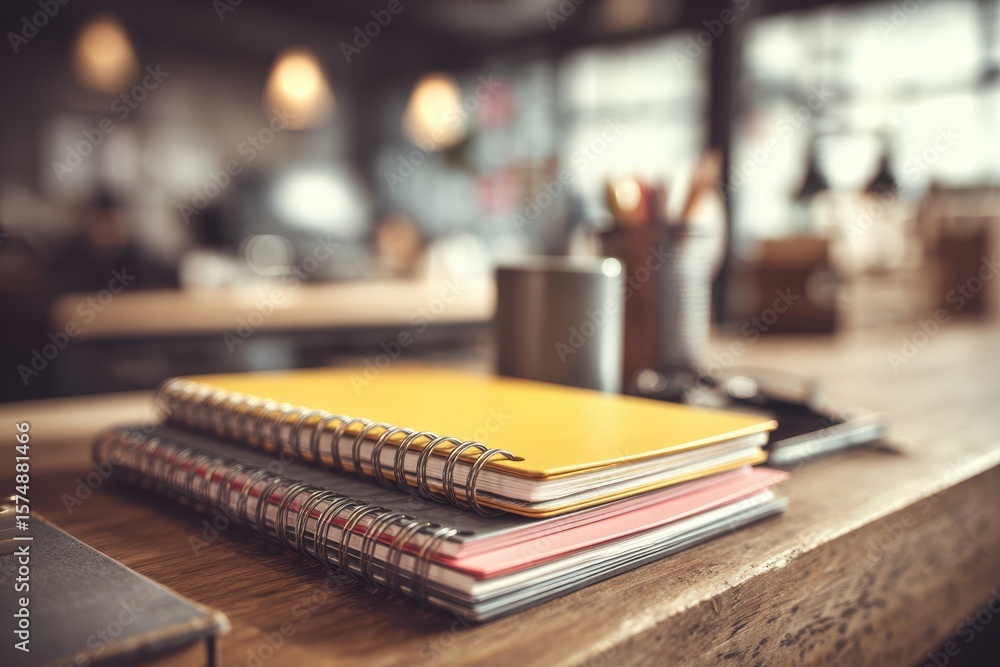 Poster a stack of vibrant notebooks on a rustic wooden desk, bathed in soft, diffused light, creating a war