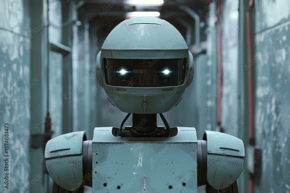 Poster futuristic robot with glowing eyes exploring abandoned corridor, concept of artificial intelligence 