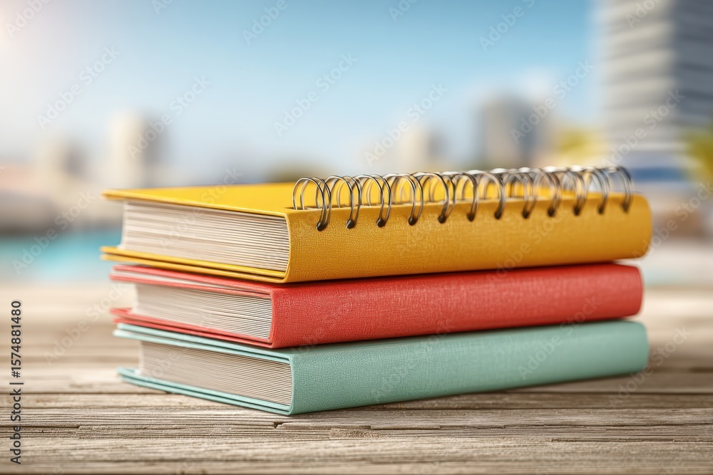 Poster close-up of a stack of colorful notebooks on a rustic wooden table against blurred background, symbo