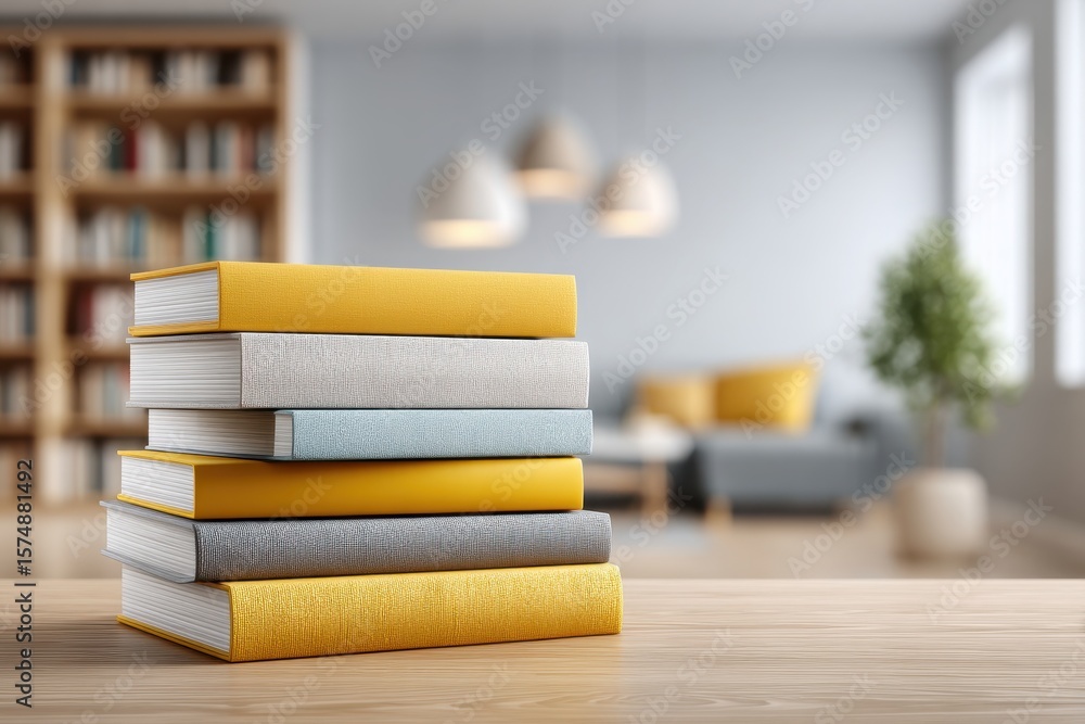 Poster a stack of colorful books sits on a wooden table, with a blurred background featuring a bookshelf, c