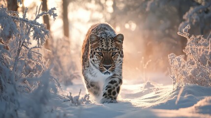 A snow leopard walks through a serene, snowy landscape, bathed in soft light, highlighting its majestic features and natural habitat.