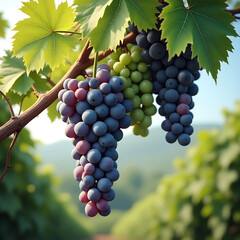 Fototapeta premium A lush green vine with bunches of grapes hanging gracefully
