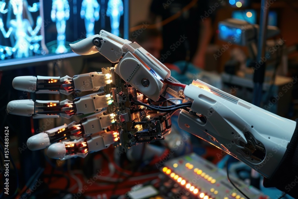 Poster robotic hand showing its internal mechanics and electronics, illuminated by small lights in a labora