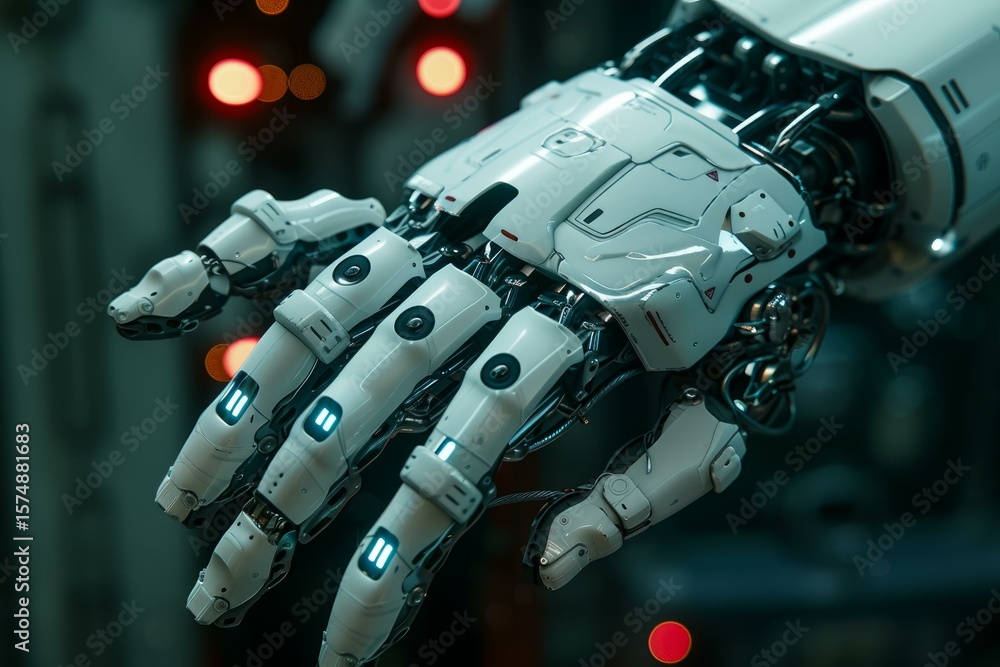 Poster close up of advanced robotic hand extending in technologically advanced environment