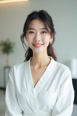 Bright and cheerful young woman in a light robe, smiling warmly in a modern, softly lit interior space.