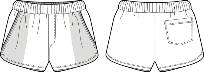 Technical sketch of athletic shorts with elastic waistband, side pocket design, fashion illustration for activewear, clothing template, garment blueprint