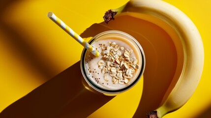 Creamy banana smoothie with oats, vibrant yellow backdrop, refreshing drink with paper straw, promoting healthy lifestyle and simple deliciousness for breakfast.