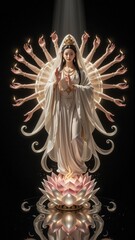 A serene deity with multiple arms stands above a lotus flower, radiating light in a spiritual composition.