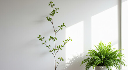 Obraz premium A slender branch with small green leaves stands next to a potted fern against a white background wall