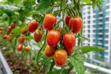 A close-up shot of ripe cherry tomatoes on the vine, showcasing their vibrant red color, adorned with water droplets, against a backdrop of lush green foliage and city building.