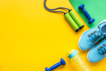 Fitness sports equipment flat lay. Healthy living and wellness concept