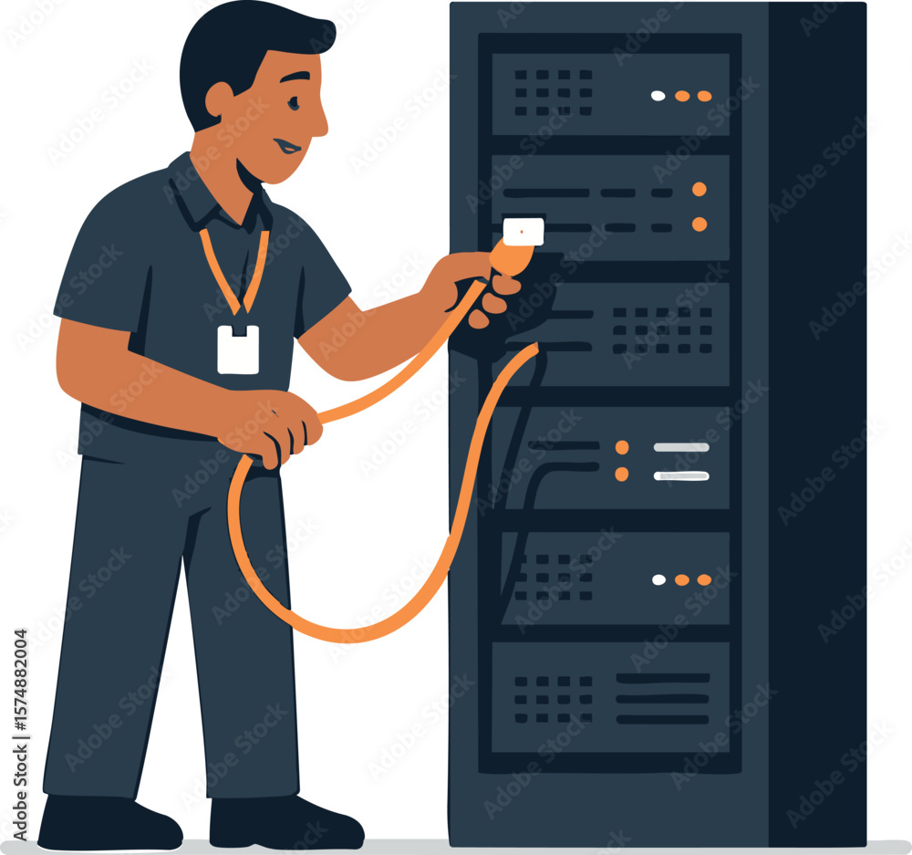 Poster flat vector it technician connecting network cables in server room, support worker, isolated on whit